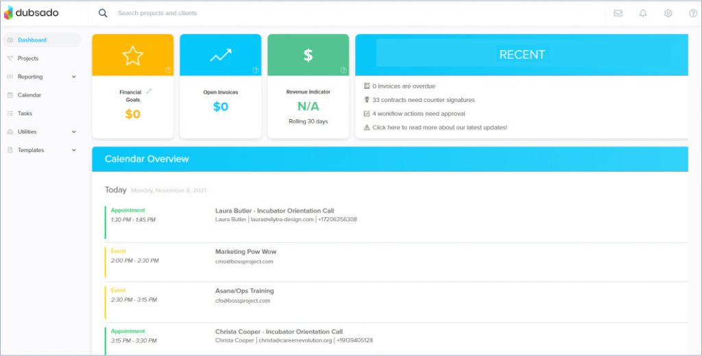 Dashboard of Dubsado