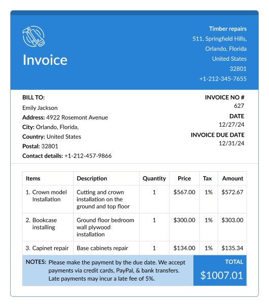 Carpentry invoice template