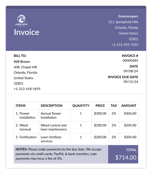 Send landscaping invoice template