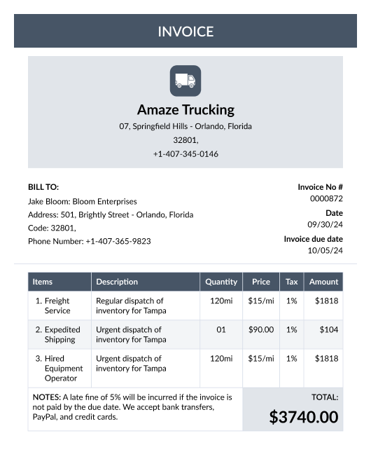 Trucking invoice template