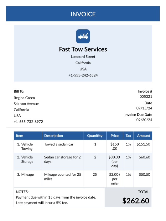 towing invoice template