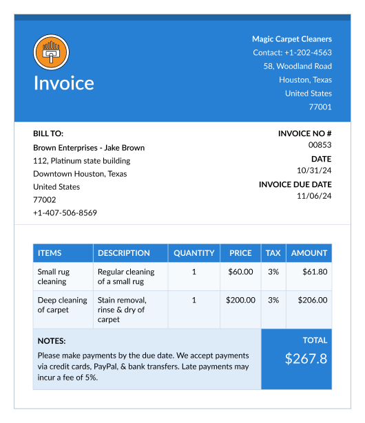 Carpet cleaning invoice template