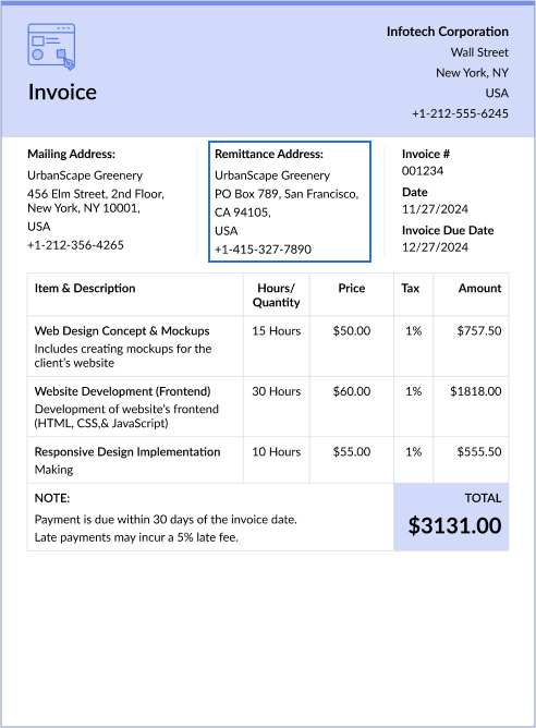 Remittance Address design invoice template